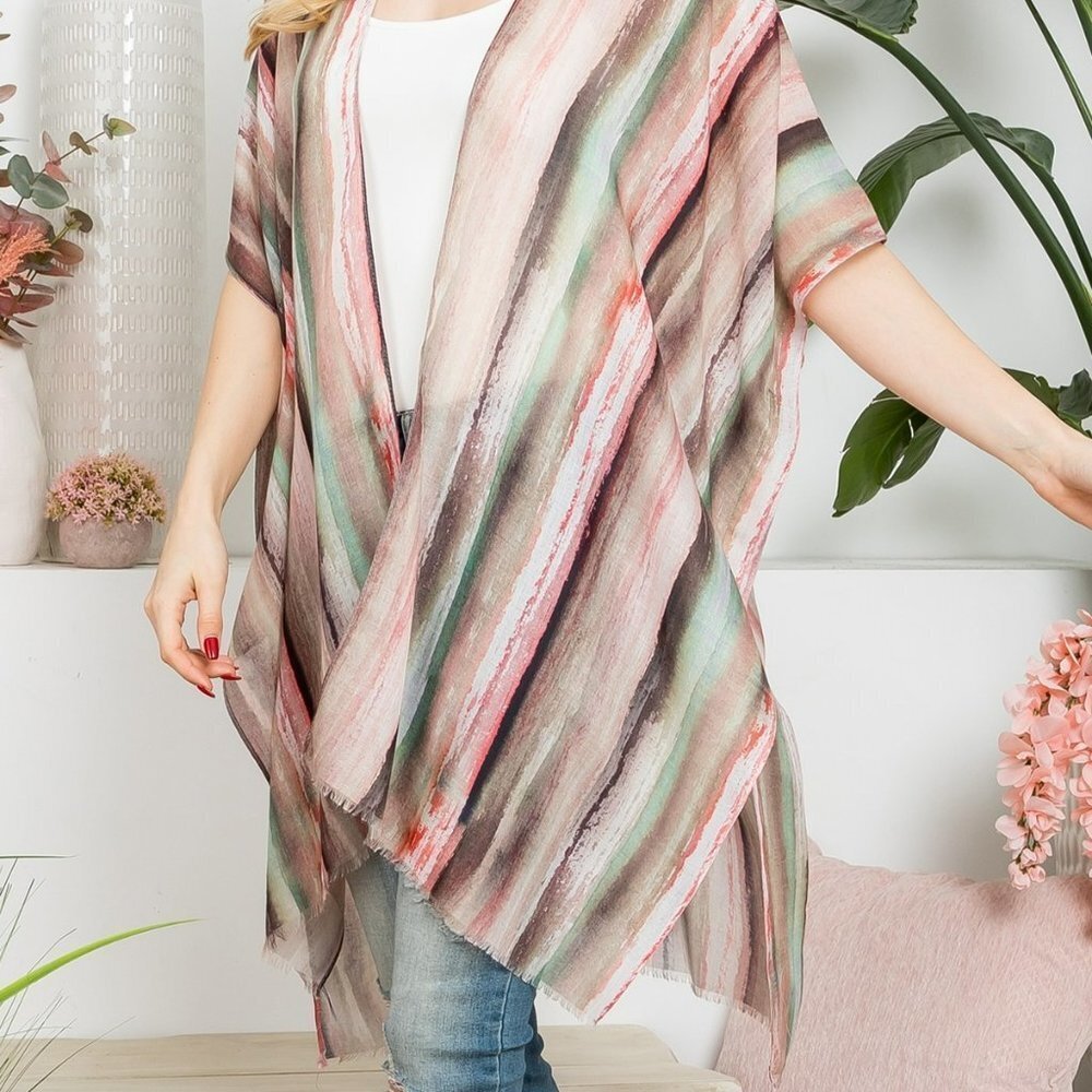 Coral Stripe Cover Up Kimono Vertical Striped Print